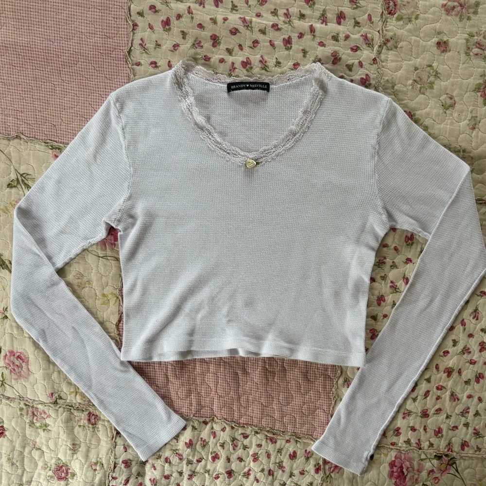 Brandy Melville White Sonia Thermal Long Sleeve Crop Top